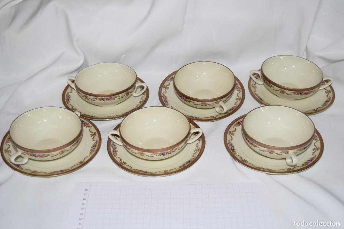 Antiquit&auml;ten: Vintage, de HERRANDIZ, Porcelain, Made In Spain - Juego consom&eacute;, 6 platos y 6 cuencos/tazas - &iexcl;Mira!