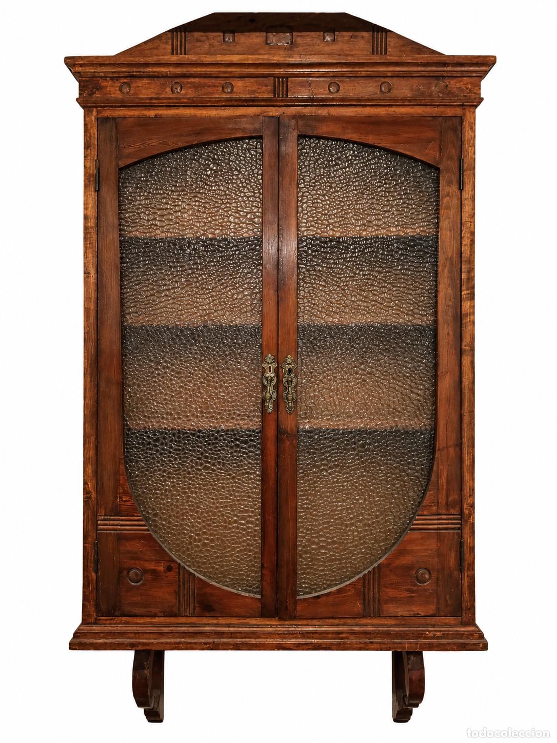 Antiques: Curiosa Vitrina Modernista de Pared - Madera de Roble y Cristal - Parte Baja con Soportes