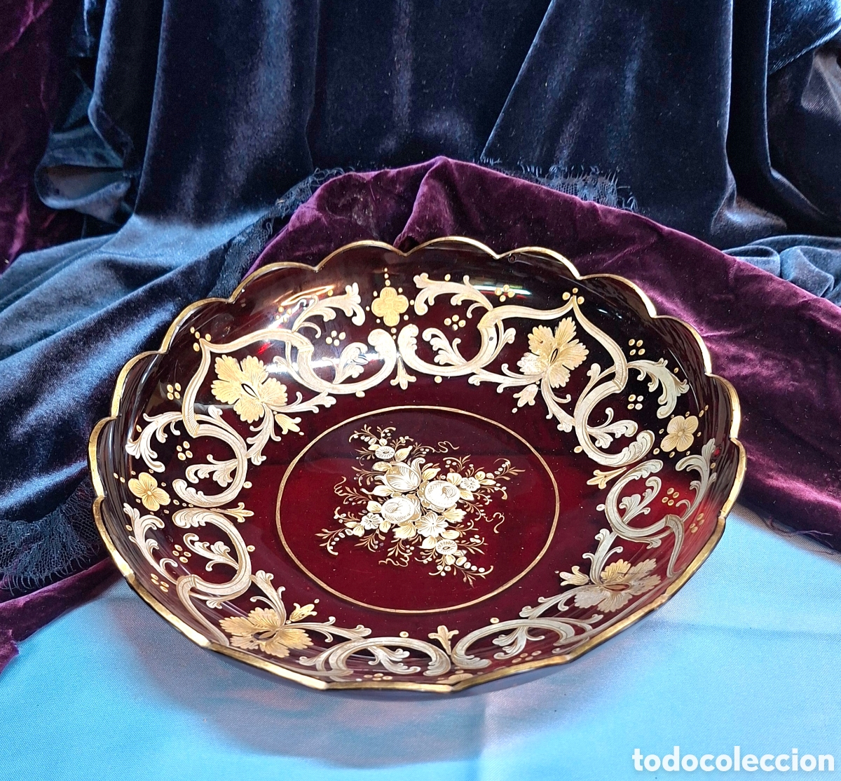 Oggetti Antichi: Cuenco hondo de cristal rojo Siglo XIX Pintado a mano