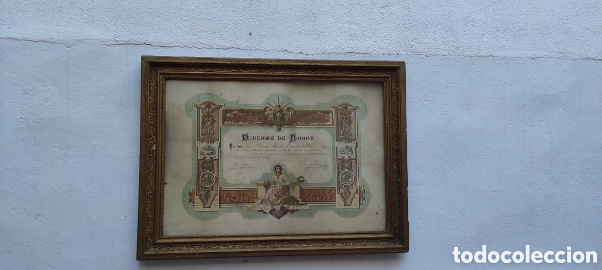 Oggetti Antichi: Antiguos diplomas de M&eacute;rito enmarcados , litograf&iacute;a de J.Roma, Barcelona . Hacia 1900,marcos de&eacute;poca