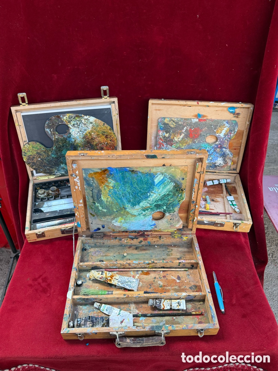 Antiquit&eacute;s: Lote de 3 antiguos maletines de pintor,usados!