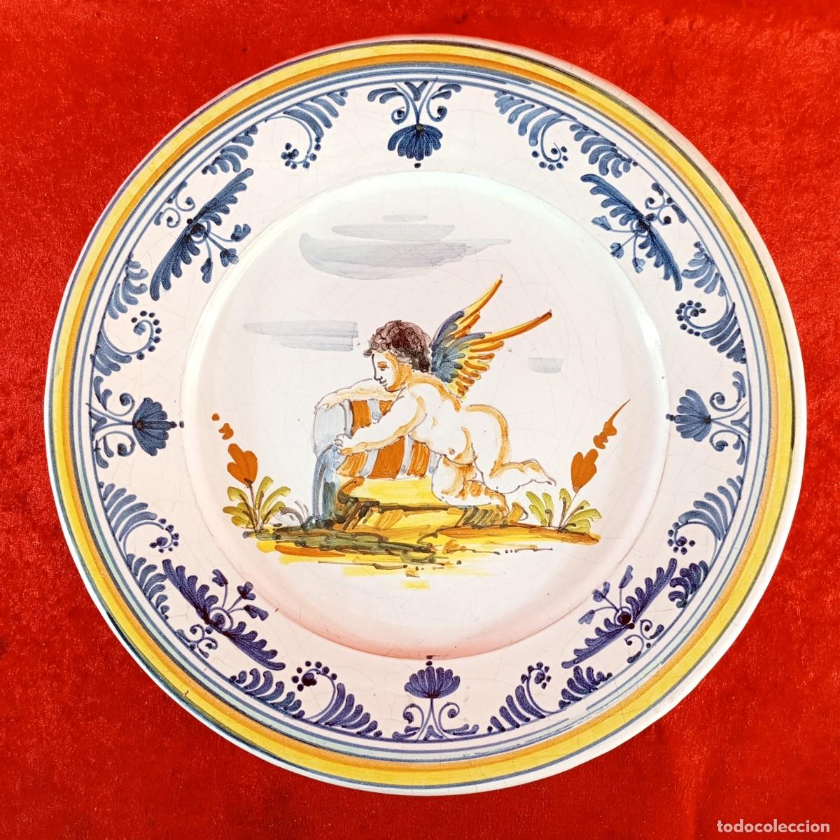Antig&uuml;edades: PRECIOSO PLATO DECORATIVO DE CERAMICA POPULAR - PINTADO A MANO - ANGELITO - 35 CM