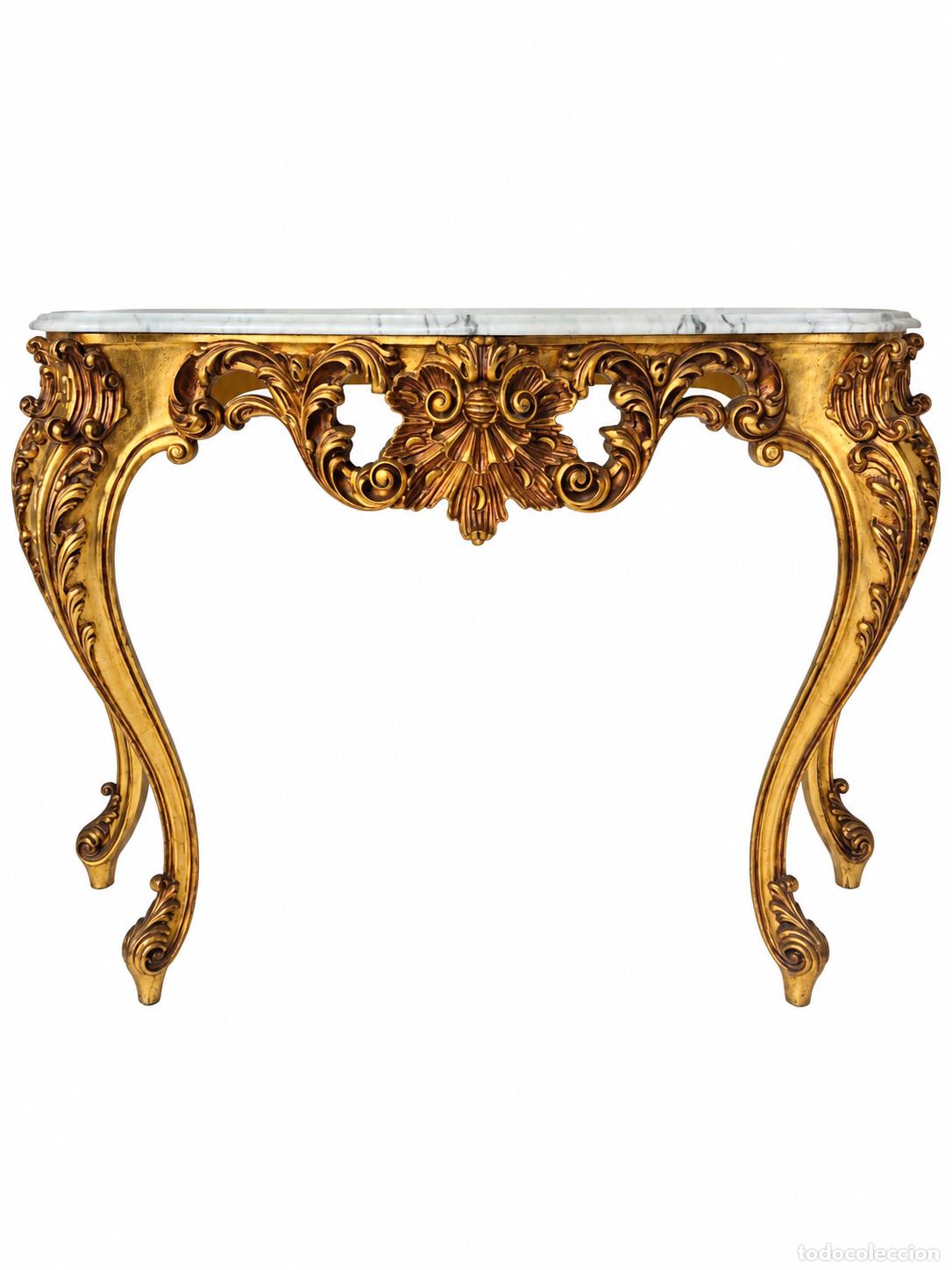 Antiquit&eacute;s: Mesa, Consola Estilo Luis XV - Talla de Madera Dorada en Pan de Oro
