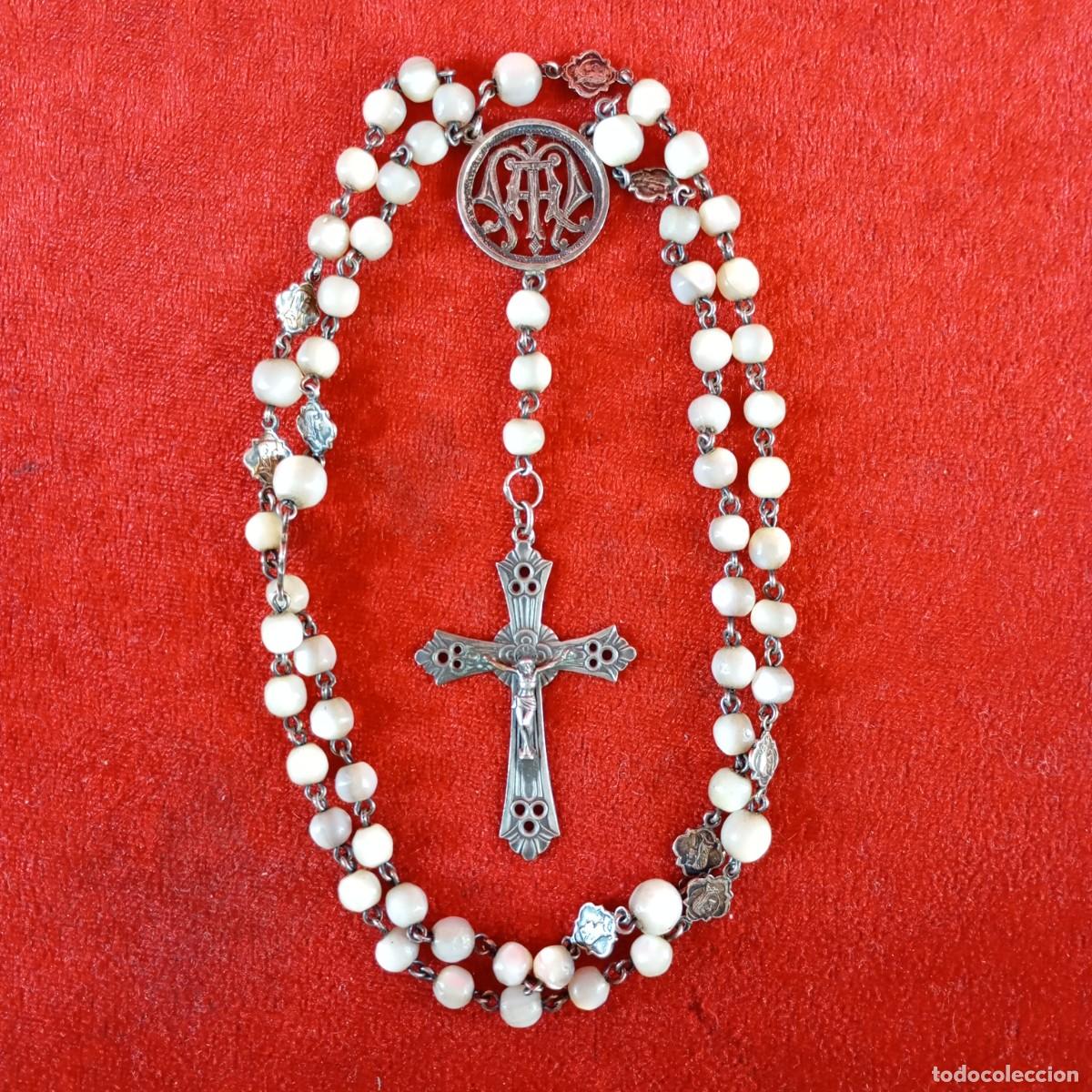 Oggetti Antichi: PRECIOSO ROSARIO EN PLATA DE LEY 925 Y CUENTAS DE NACAR - CONTRASTADO - RARO - C. 1920