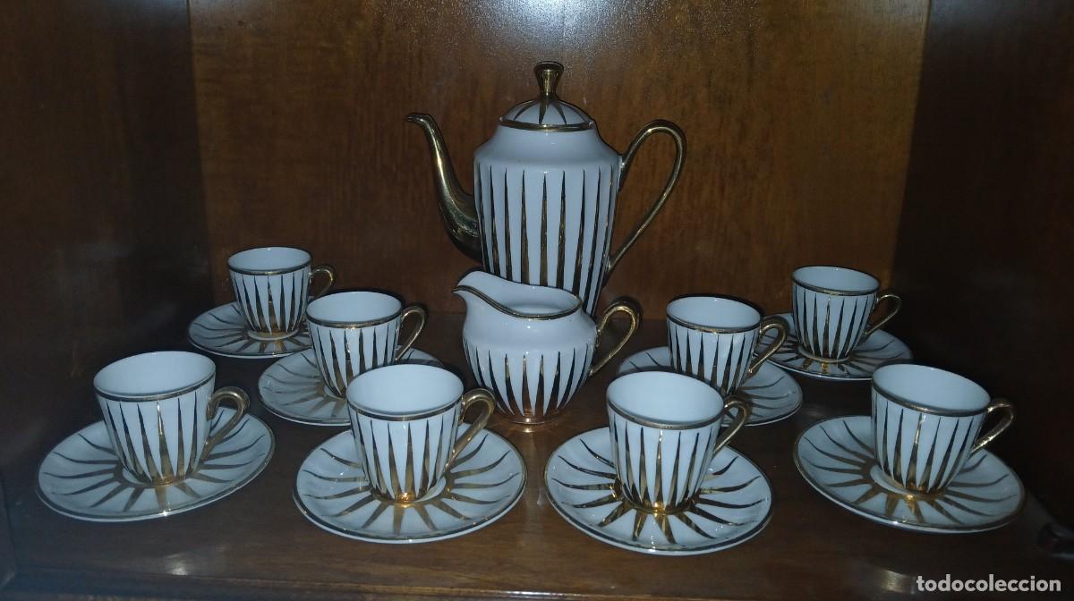 Antiquit&eacute;s: Juego de caf&eacute; vintage a&ntilde;os 60 estilo Mid-Century - Porcelana blanca y rayos dorados