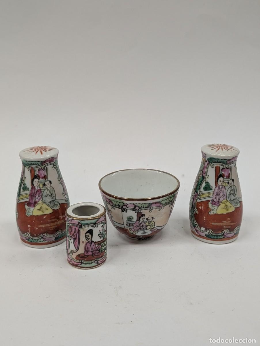 Antiguidades: CONJUNTO SALERO, AZUCARERO, PALILLERO Y TAZA DE PORCELANA MACAO