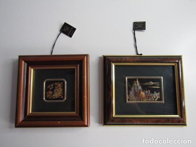 Antiguidades: PAREJA DE CUADROS MINIATURA DAMASQUINADO DE TOLEDO CREDAN. ORO 24 KTS. GALE&Oacute;N Y FLORES. CON ETIQUETA