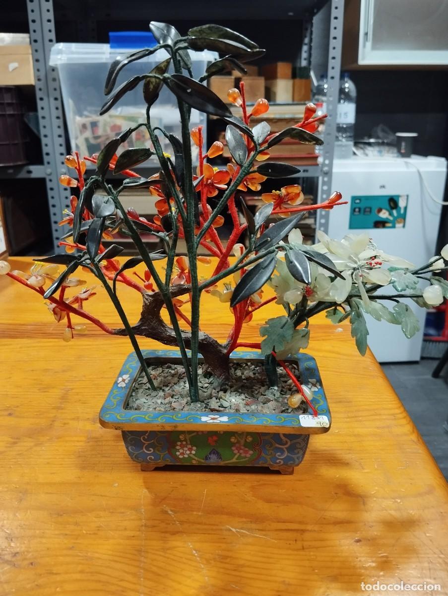 Antiques: ARBOL CHINO CON PIEDRAS EN MACETA CLOISONNE.