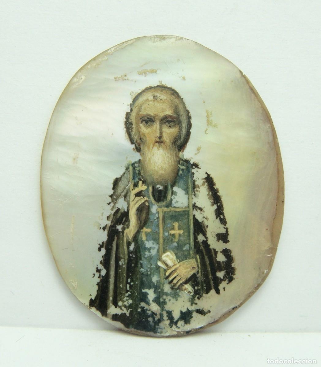 Antig&uuml;edades: Miniatura Religiosa de San Nicol&aacute;s de Bari &middot; Pintura sobre N&aacute;car &middot; ca. 1800&ndash;1850