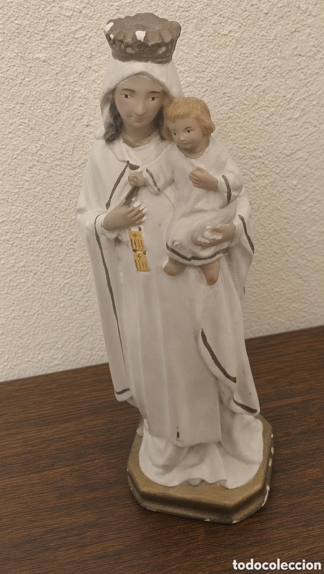 Antiquit&eacute;s: Antigua figura de la Virgen de la Merced con Ni&ntilde;o Jes&uacute;s, h. 22 cm