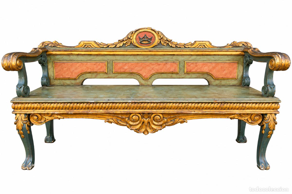 Antiquit&eacute;s: Decorativo Banco Estilo Barroco Veneciano - Talla de Madera Policromada y Dorada - S.XIX