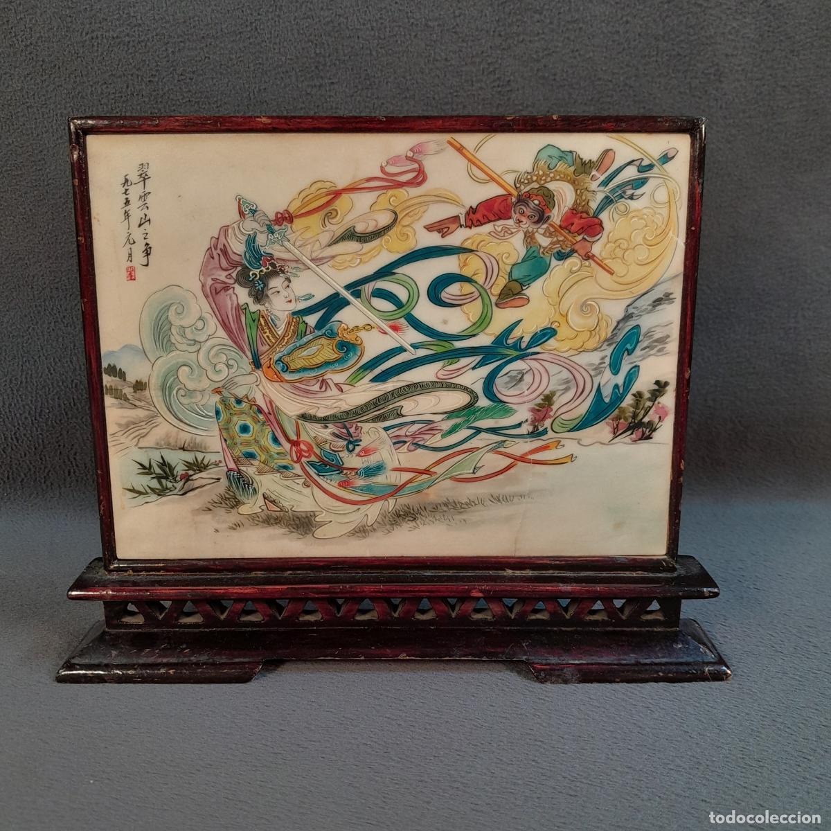 Antiques: PLACA DECORATIVA CHINA EN PIEDRA TALLADA Y POLICROMADA. ESCUELA CHINA. 1975