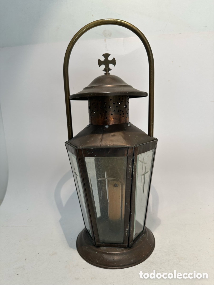 Antig&uuml;edades: ANTIGUO FAROL O FANAL PORTA CIRIOS PARA CAPILLA O PROCESI&Oacute;N PARA PORTAR CON ASA. 40CM.