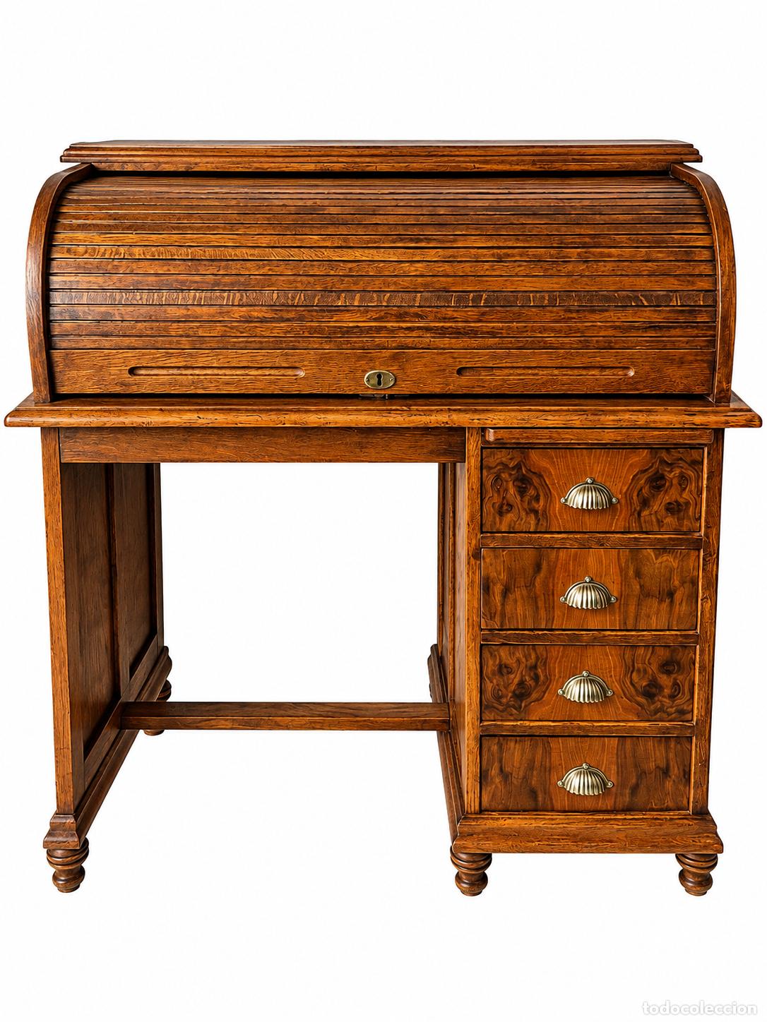 Oggetti Antichi: Mesa Escritorio de Persiana - Buro - Madera de Roble - A&ntilde;os 50 - Cajones con Chapa de Ra&iacute;z de Nogal
