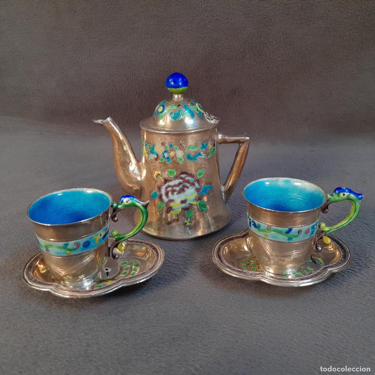 Antiguidades: JUEGO DE T&Eacute; EN PLATA CON DECORACI&Oacute;N EN ESMALTE DE POL&Iacute;CROMO. CHINA. S.XX