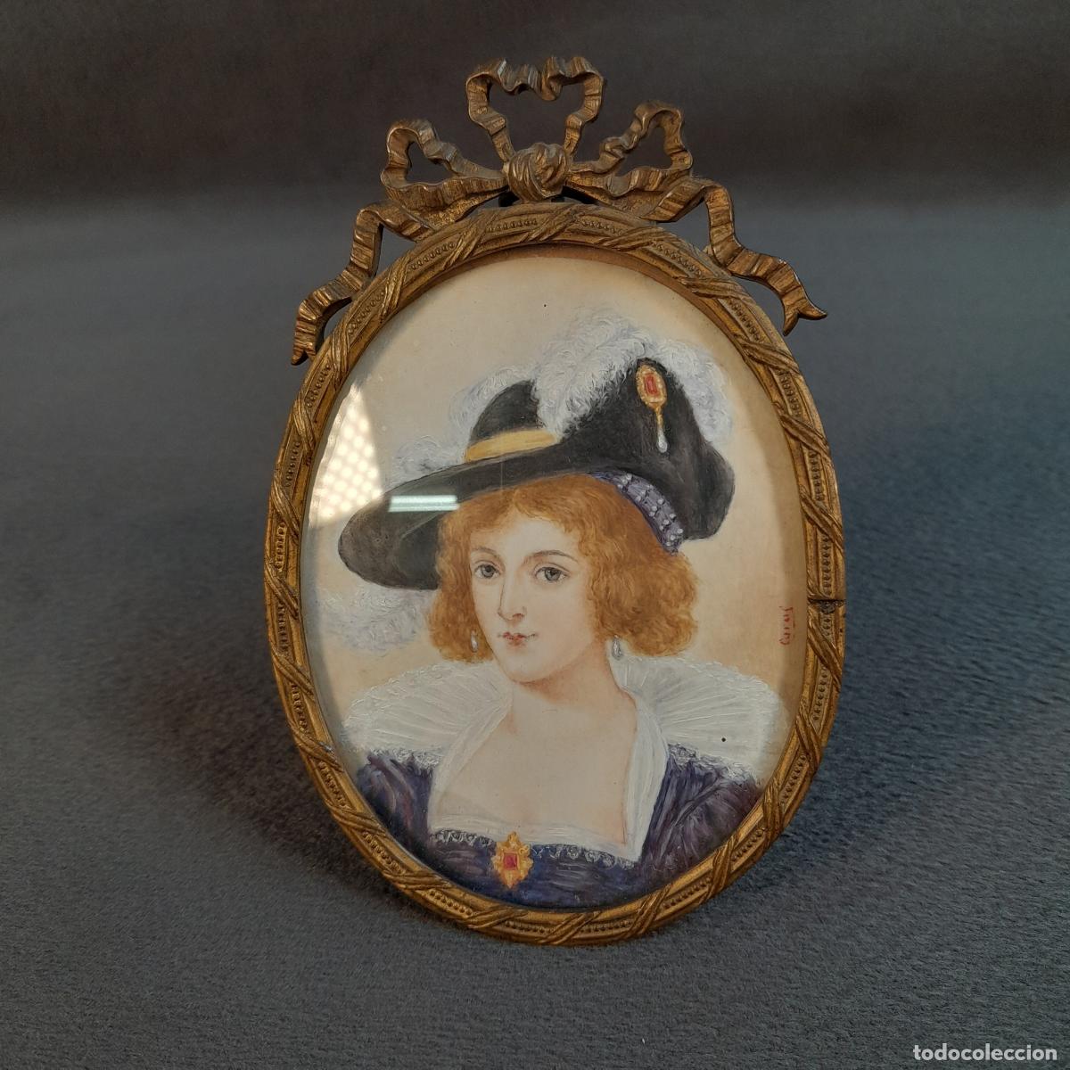Antiguidades: D-348. MINIATURA RETRATO DE DAMA CON SOMBRERO. FIRMADO. FINALES S. XIX - PRINCIPIOS S. XX
