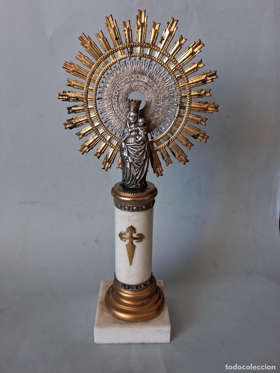Antig&uuml;edades: Virgen de El Pilar De metal plateado columna de marmol blanco