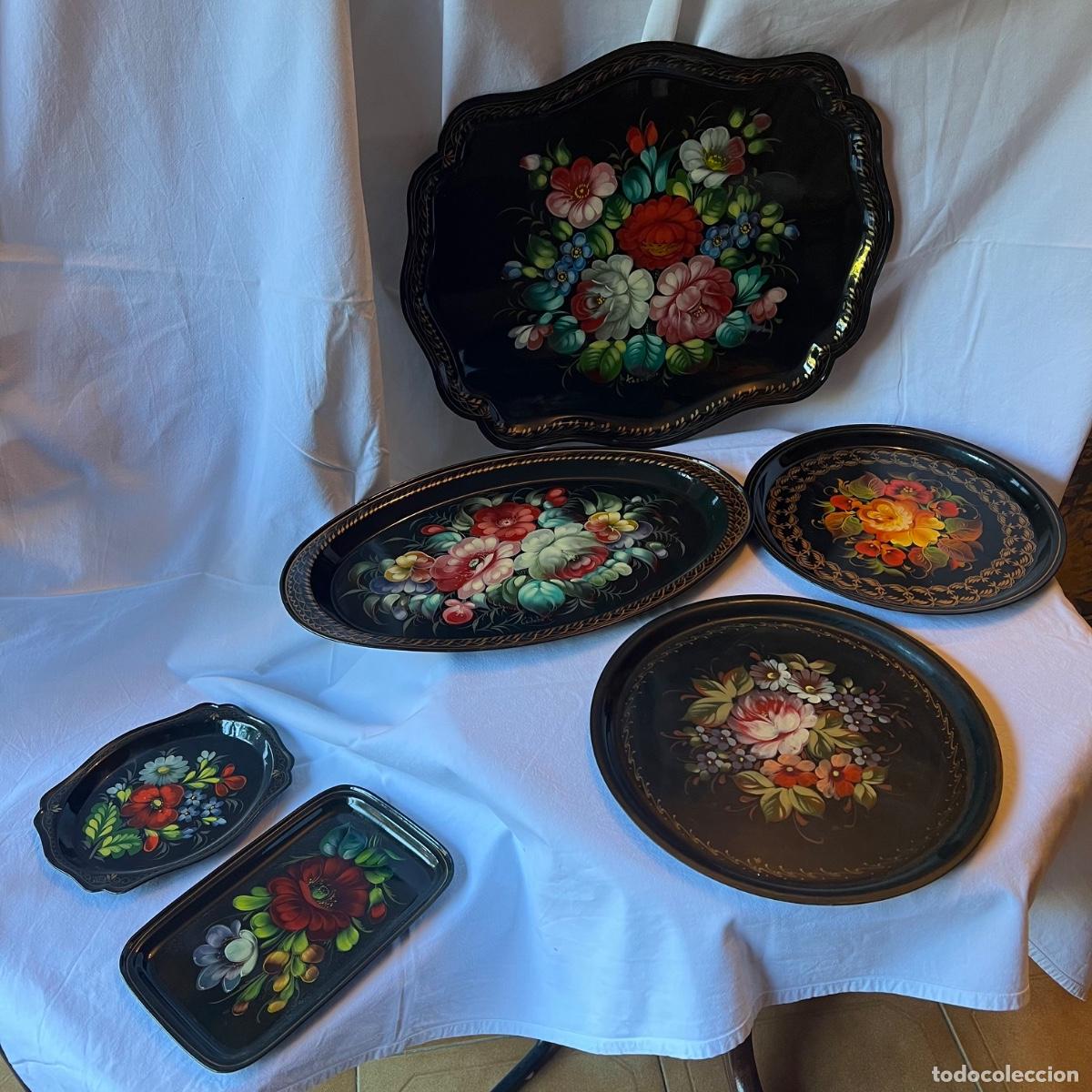 Antig&uuml;edades: Lote de 6 bandejas de metal lacado Zhostovo. Pintura manual floral. Per&iacute;odo sovi&eacute;tico (URSS).