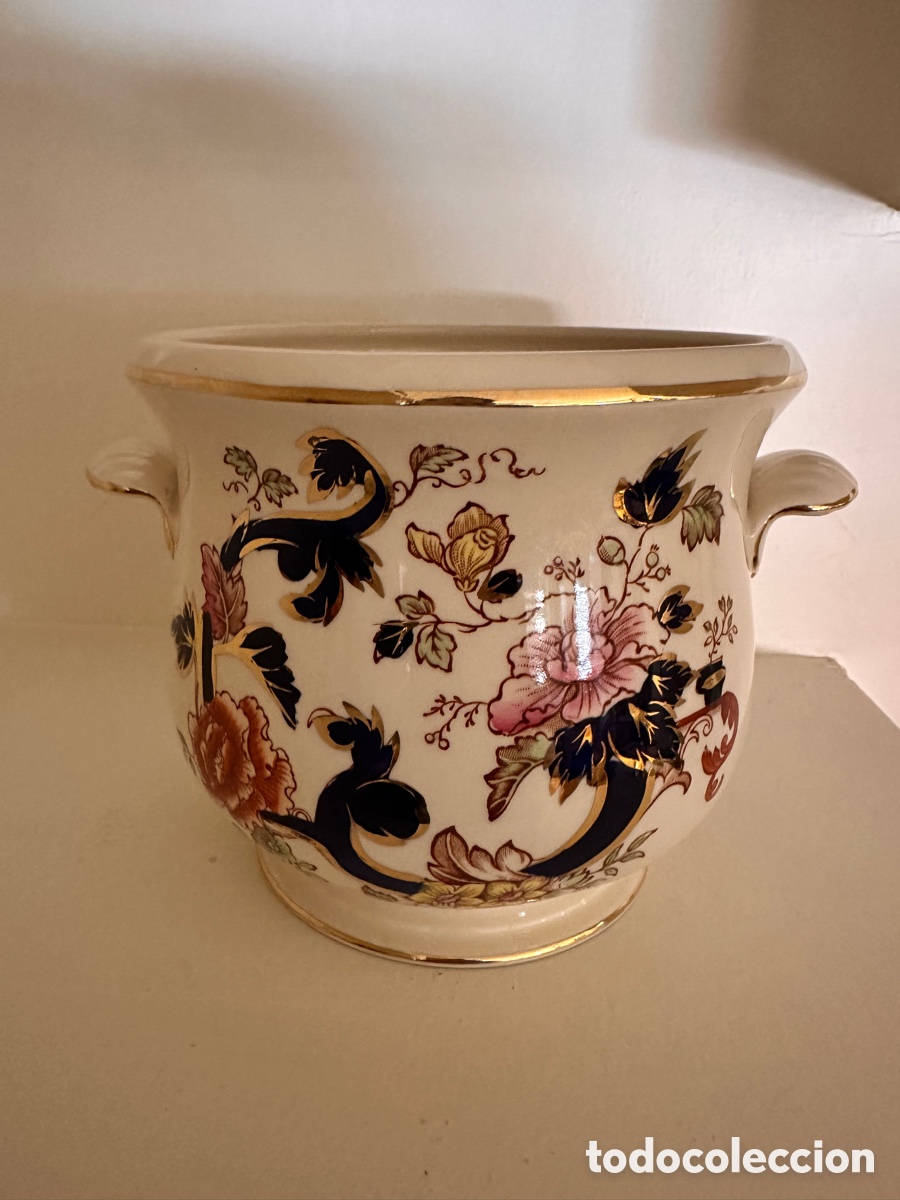 Antiquit&eacute;s: Macetero ingl&eacute;s Mason&rsquo;s Ironstone Mandalay con asas &ndash; 21 cm