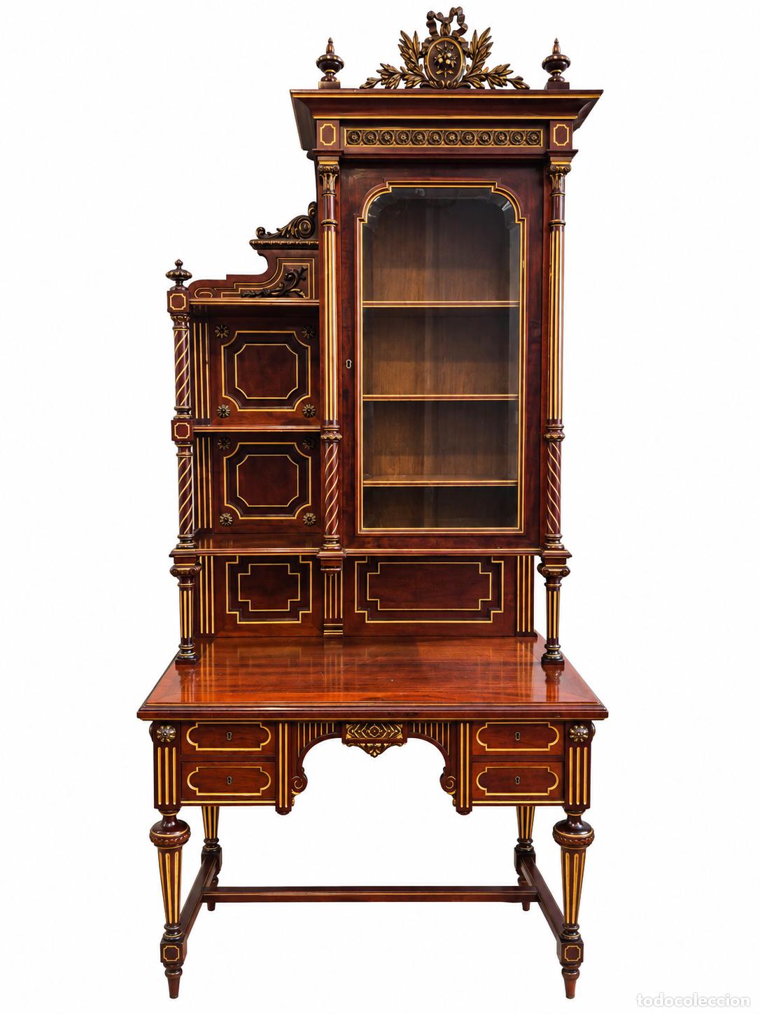 Antiquit&eacute;s: Precioso Escritorio Vitrina - Talla de Madera de Caoba Dorada - S.XIX - Desmontable en Tres Partes