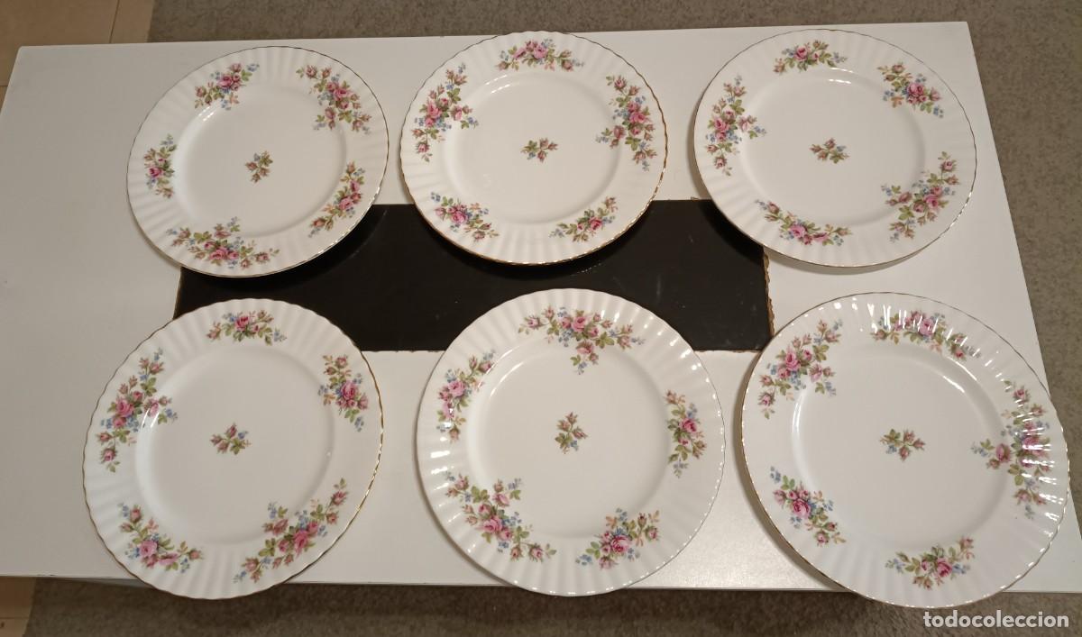 Oggetti Antichi: ELEGANTE JUEGO DE 6 PLATOS GRANDES LLANOS DE CENA DE LA ICONICA MARCA ROYAL ALBERT, DISE&Ntilde;O MOSS ROSE
