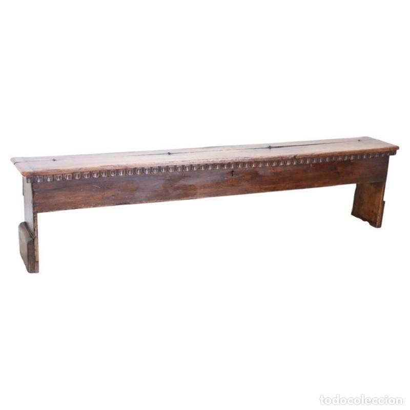 Antiques: Banco largo antiguo de nogal con almacenaje, Italia principios del siglo XVIII