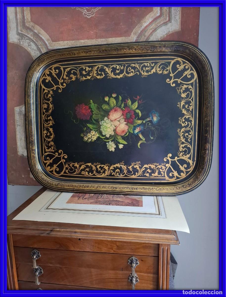 Antiques: MAGNIFICA BANDEJA METALICA DECORADA A MANO S. XIX