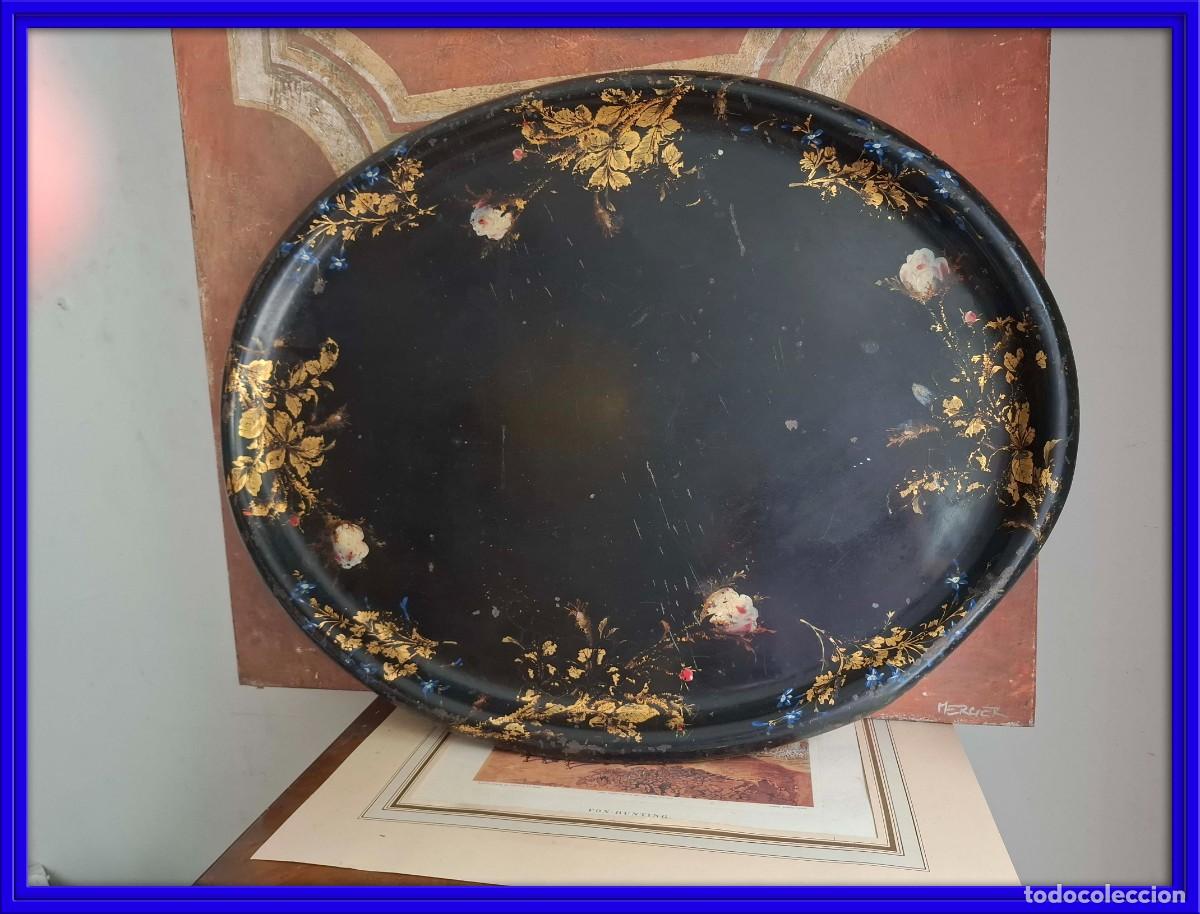 Antiques: BANDEJA METALICA OVALADA DECORADA A MANO S. XIX