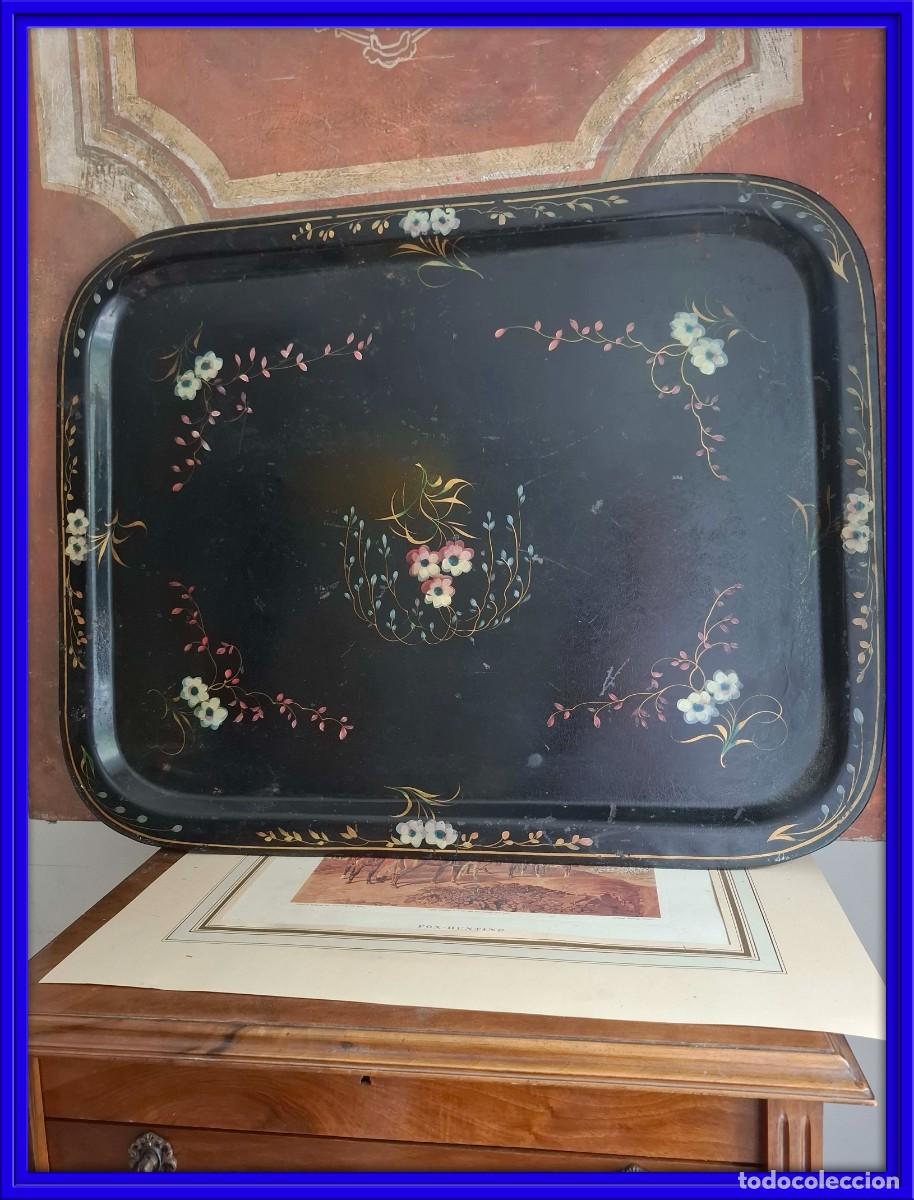 Antiques: BANDEJA METALICA RECTANGULAR DECORADA A MANO S. XIX