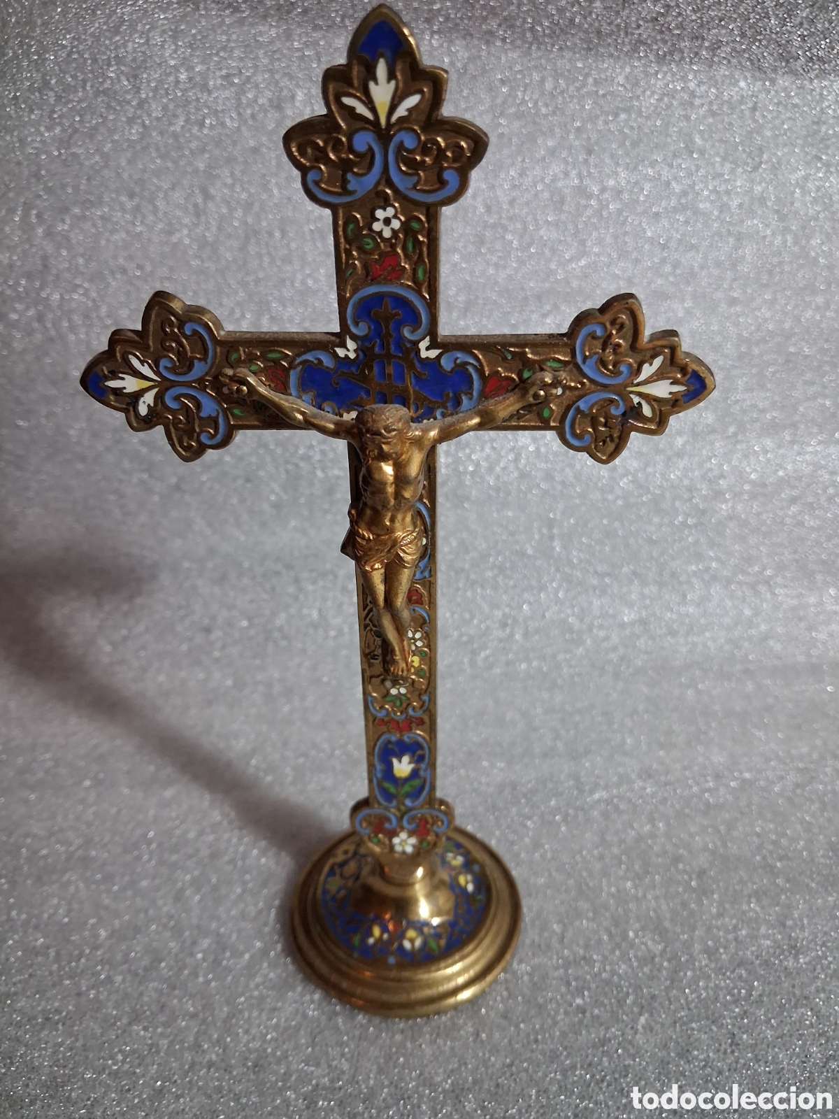 Oggetti Antichi: Crucifijo de mesa bronce damasquinado