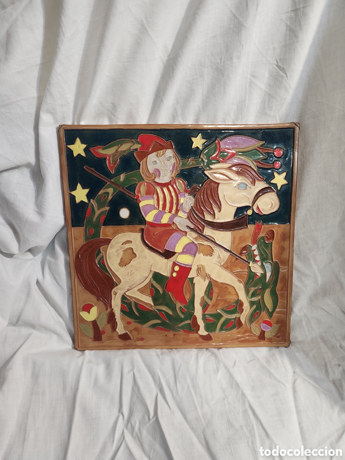 Antiques: AZULEJO CER&Aacute;MICA ESMALTADA SANT JORDI. RAJOLA, BALDOSA. SAN JORGE CON DRAGON.