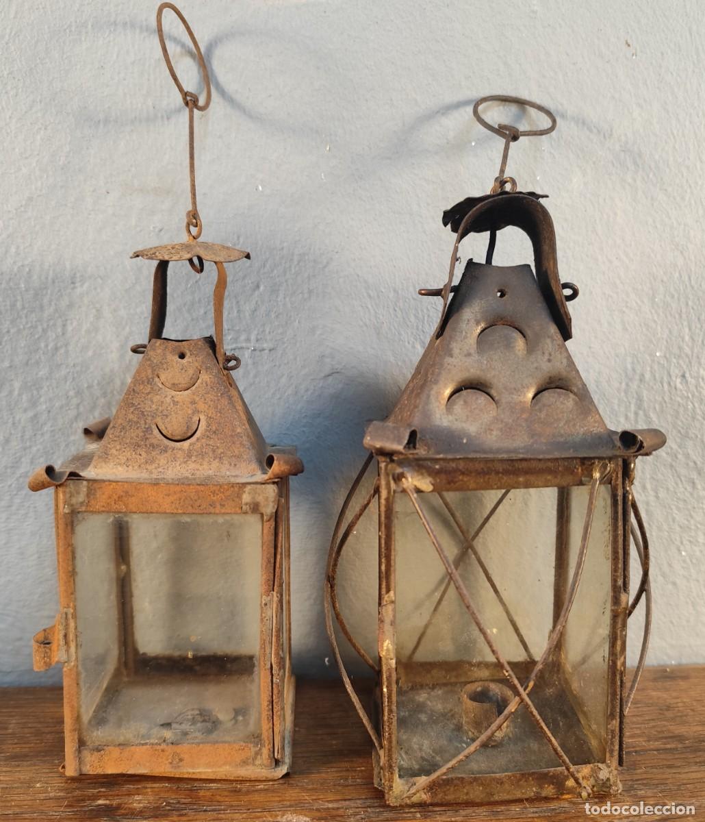 Antig&uuml;edades: Pareja de farolillos antiguos de chapa de hierro, a&ntilde;os 40