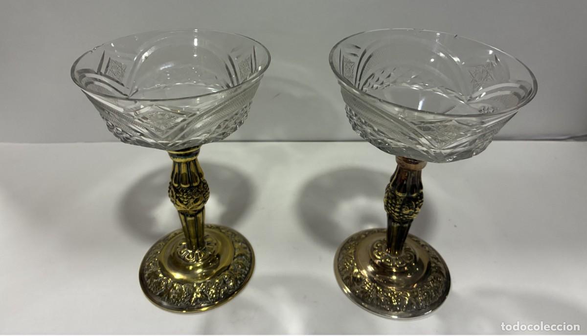Antiquit&auml;ten: PAREJA DE COPAS &Oacute; COMPOTERAS DE PEDESTAL ESTILO VINTAGE CON CUENCO DE CRISTAL TRANSPARENTE TALLADO M