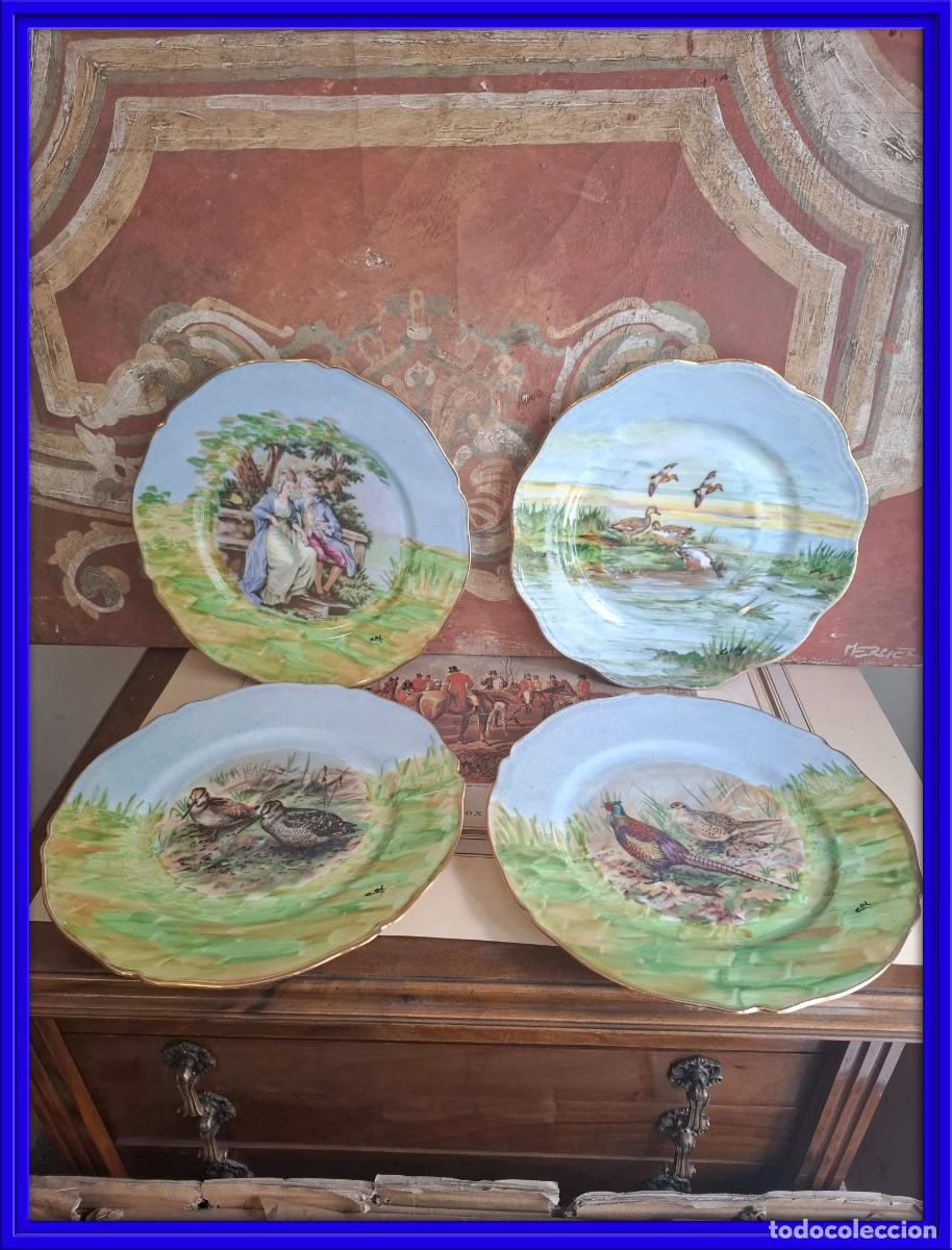 Antiquit&eacute;s: CONJUNTO DE CUATRO PLATOS DE PORCELANA DE LIMOGES PINTADOS A MANO