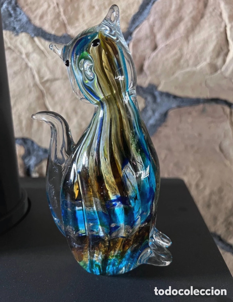 Oggetti Antichi: Escultura de gato de cristal de Murano, 18 cm.