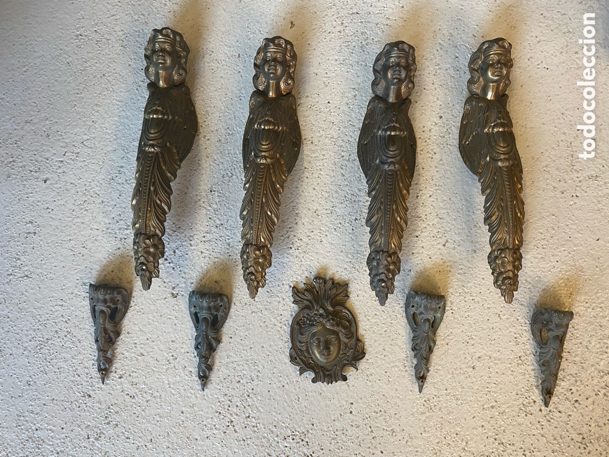Oggetti Antichi: Lote 9 Herrajes Grandes de Bronce / Lat&oacute;n para Consola o Decoraci&oacute;n