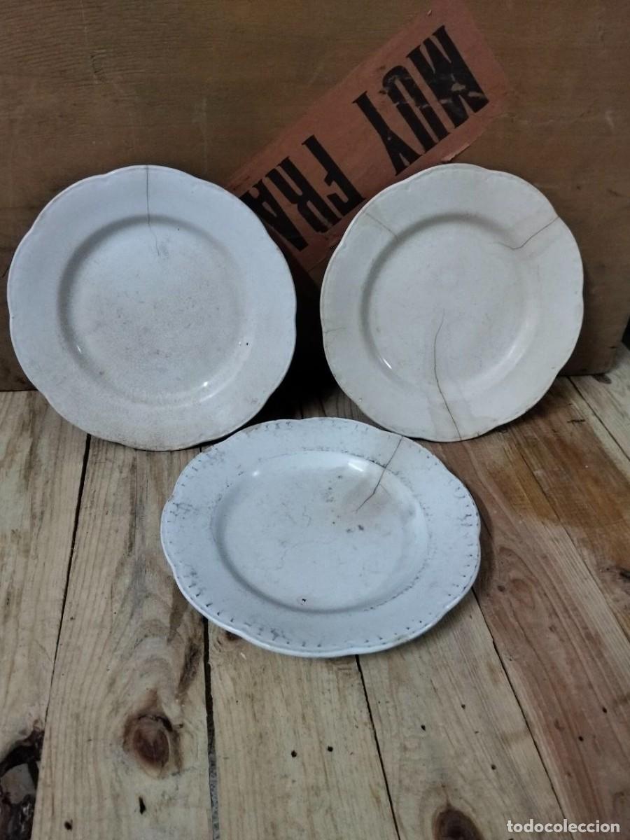 Antiguidades: Lote 3 Platos Antiguos Ondulados - Loza China Opaca - S. XX - Para Restaurar o atrezo