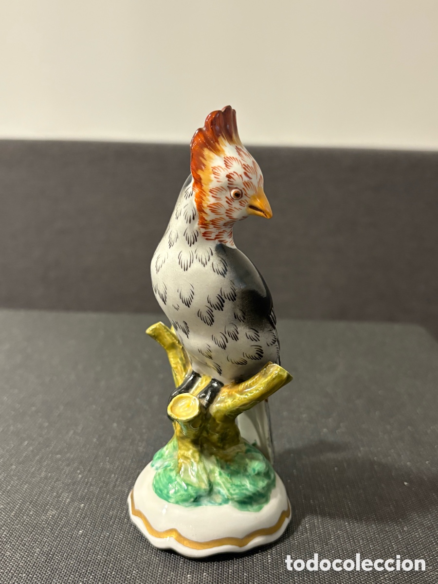 Oggetti Antichi: FIGURA DE AVE CON CRESTA &ndash; PORCELANA ESPA&Ntilde;OLA PINTADA A MANO &ndash; 15 CM &ndash; HISPANIA