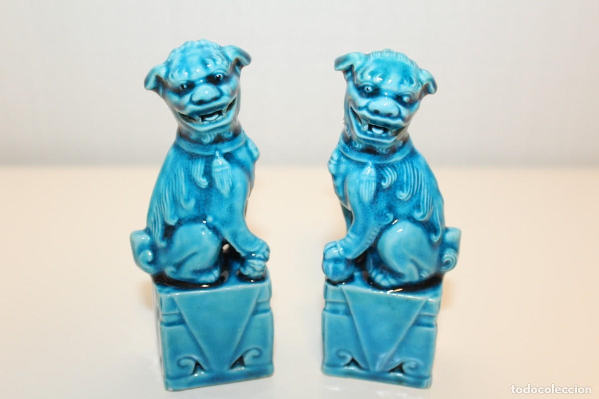 Antig&uuml;edades: PAREJA DE PERROS FOO - AZUL TURQUESA - MIDEN 11 CMS