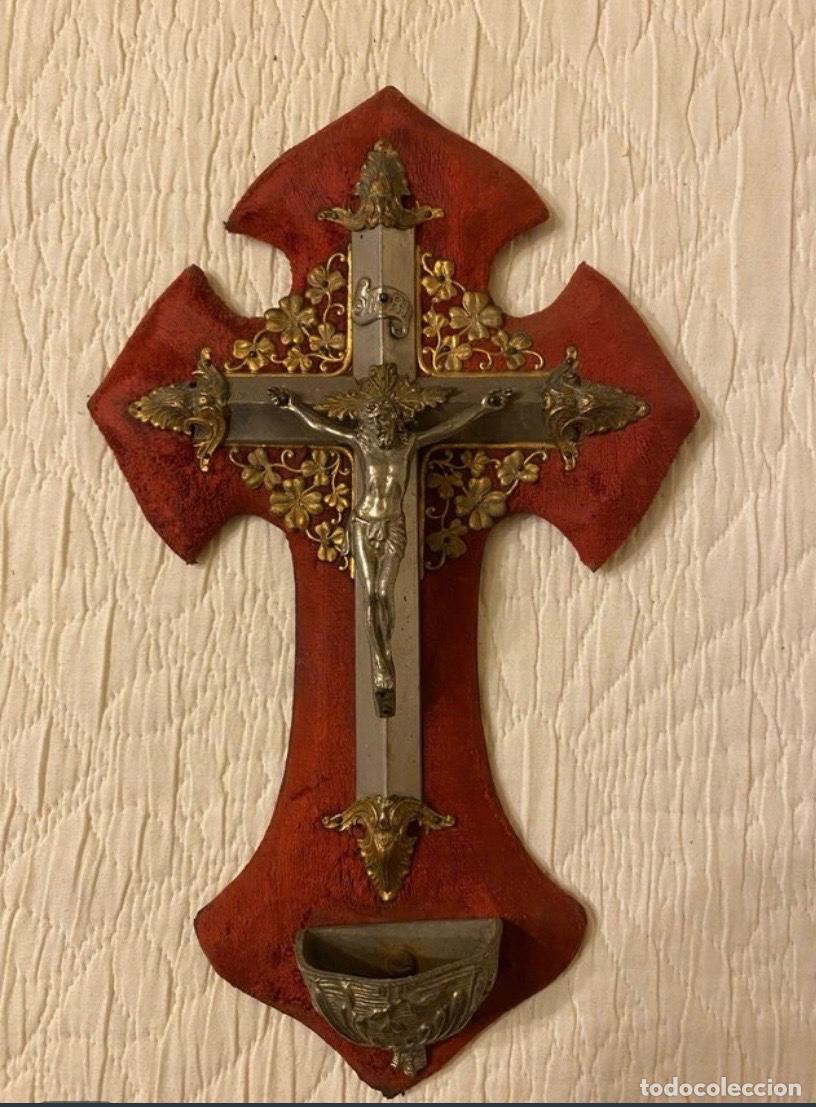 Antiguidades: Crucifijo Benditera Antiguo Madera y Metal