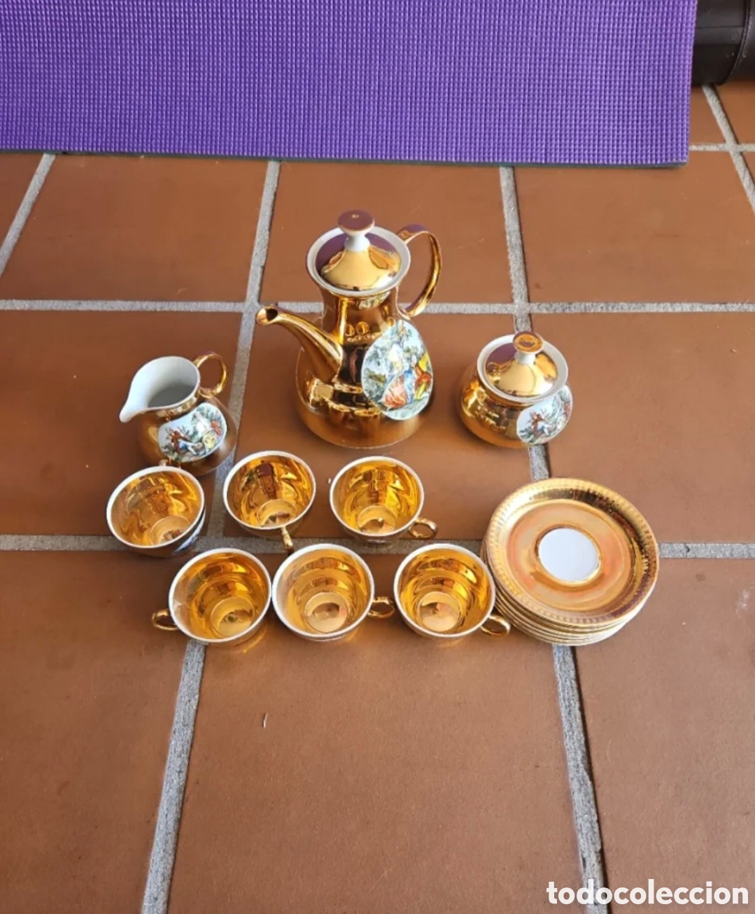 Antiguidades: Juego de Caf&eacute; Vintage Porcelana Santa Clara (Vigo) - Ba&ntilde;o de Oro y Escenas galantes