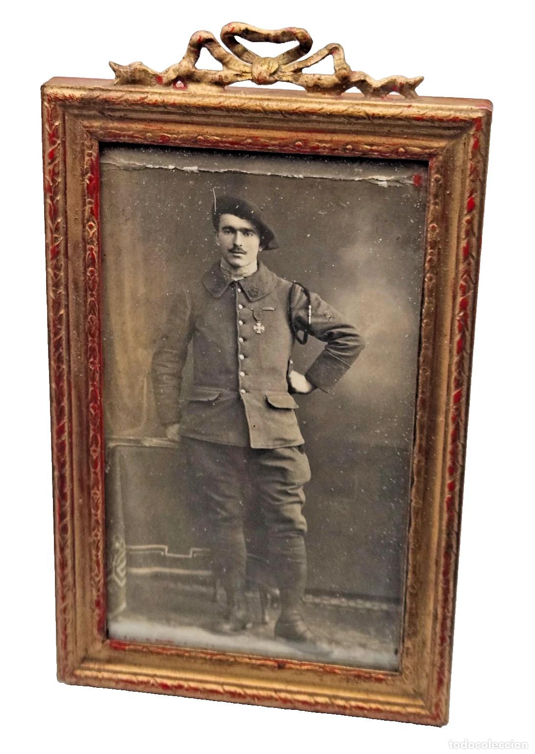 Antiquit&eacute;s: CADRE PHOTO EN VERRE ET LAITON DORE STYLE LOUIS XVI PHOTO MILITAIRE CHASSEUR ALPIN 14/18