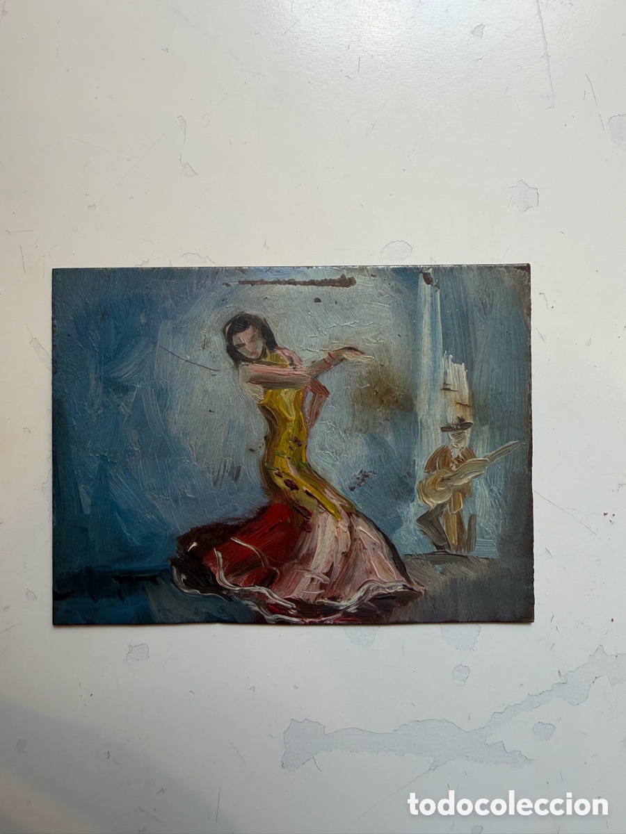 Antiquit&eacute;s: &Oacute;leo sobre cobre bailaora flamenca y guitarrista