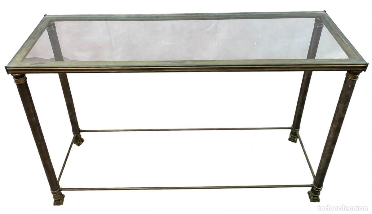 Antig&uuml;edades: Antigua mesa de bronce y cristal imperio, de antigua joyer&iacute;a Aladr&eacute;n. 121x80x36