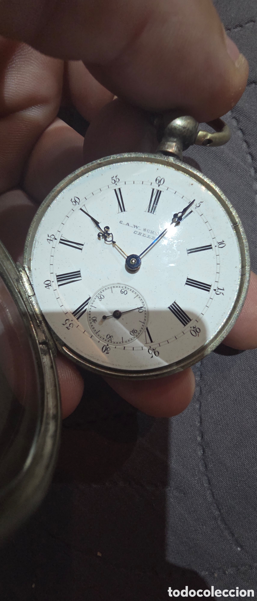 Antig&uuml;edades: Reloj bolsillo Plata S.XIX G.A.W. Schnell Celle + Sobre-caja DRGM y Llaves. &iexcl;Estado de Museo!