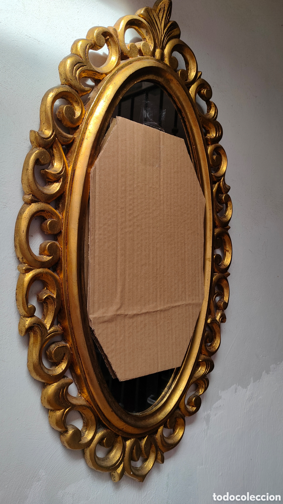 Antig&uuml;edades: ESPEJO OVAL CORNUCOPIA DE MADERA TALLADA DORADA.71X44 CM. - Foto 6