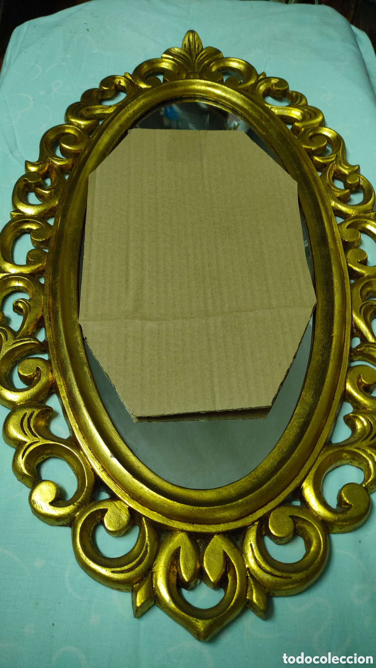 Antig&uuml;edades: ESPEJO OVAL CORNUCOPIA DE MADERA TALLADA DORADA.71X44 CM. - Foto 9