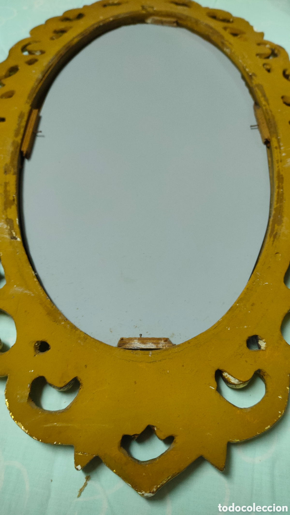 Antig&uuml;edades: ESPEJO OVAL CORNUCOPIA DE MADERA TALLADA DORADA.71X44 CM. - Foto 16