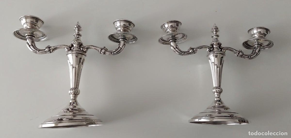 Antig&uuml;edades: Pareja de Candelabros vintage de dos brazos ORBISA &ndash; Alpaca Plateada