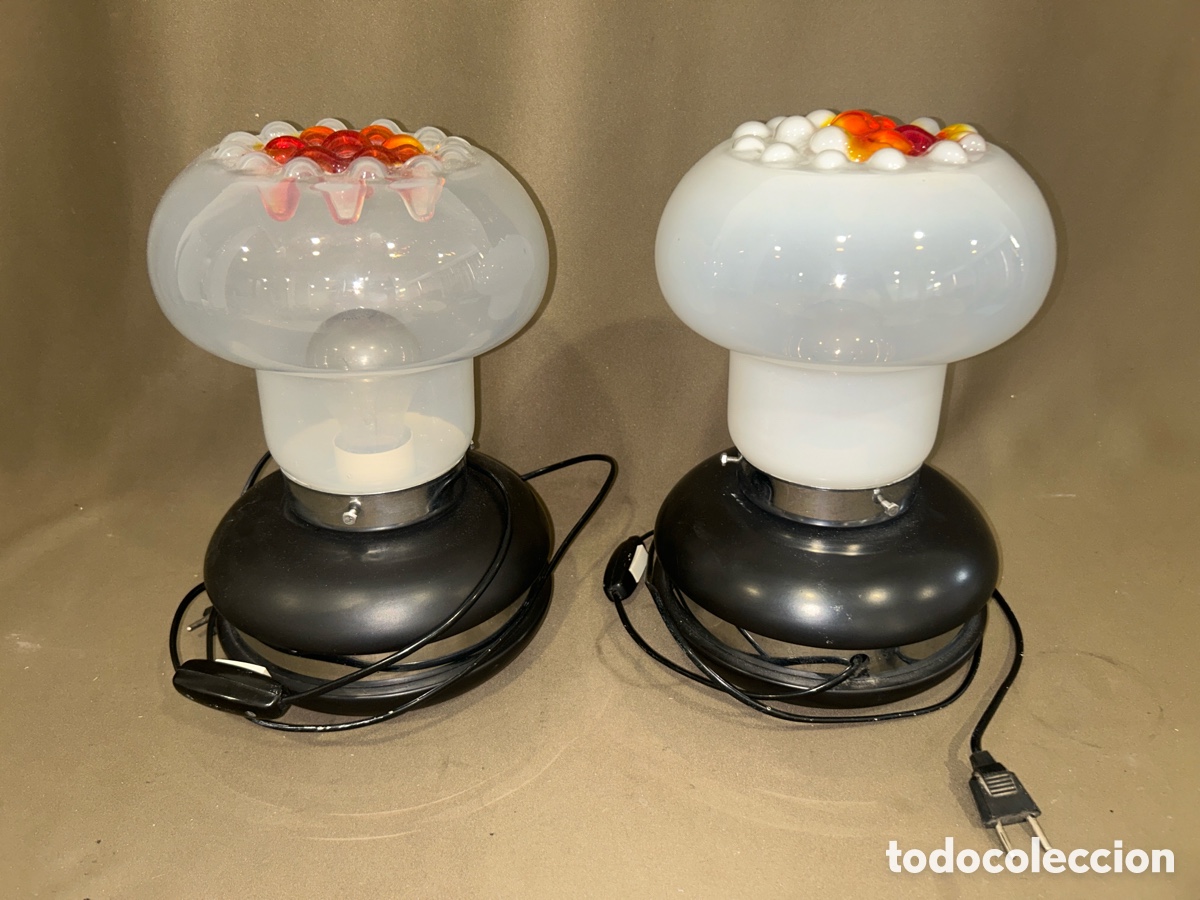 Antig&uuml;edades: PAREJA DE L&Aacute;MPARAS DE MESA ITALIANAS SPACE AGE MID-CENTURY DE CRISTAL OPALINO A&Ntilde;OS 70 *VER FOTOS*